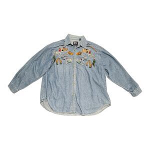 Vtg Quizz Noah's Ark Embroidered‎ Long Sleeve Button Up Denim Shirt Womens Sz 22